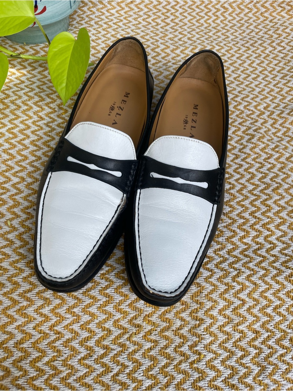 Mezlan Two-Tone Black and White Leather Penny Loafers